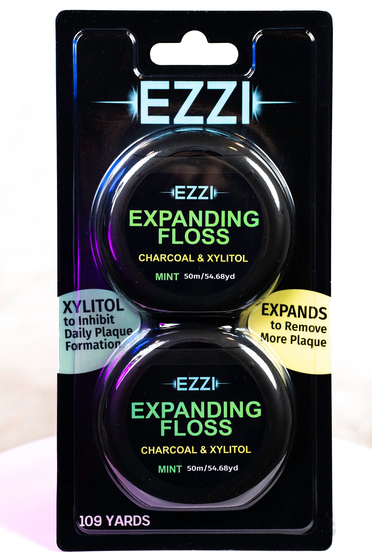 EZZI Woven Expanding Dental Floss | Naturally Waxed & Textured w/ Charcoal & Xylitol To Optimally Clean Gums | Mint Flavored and 109 Yards